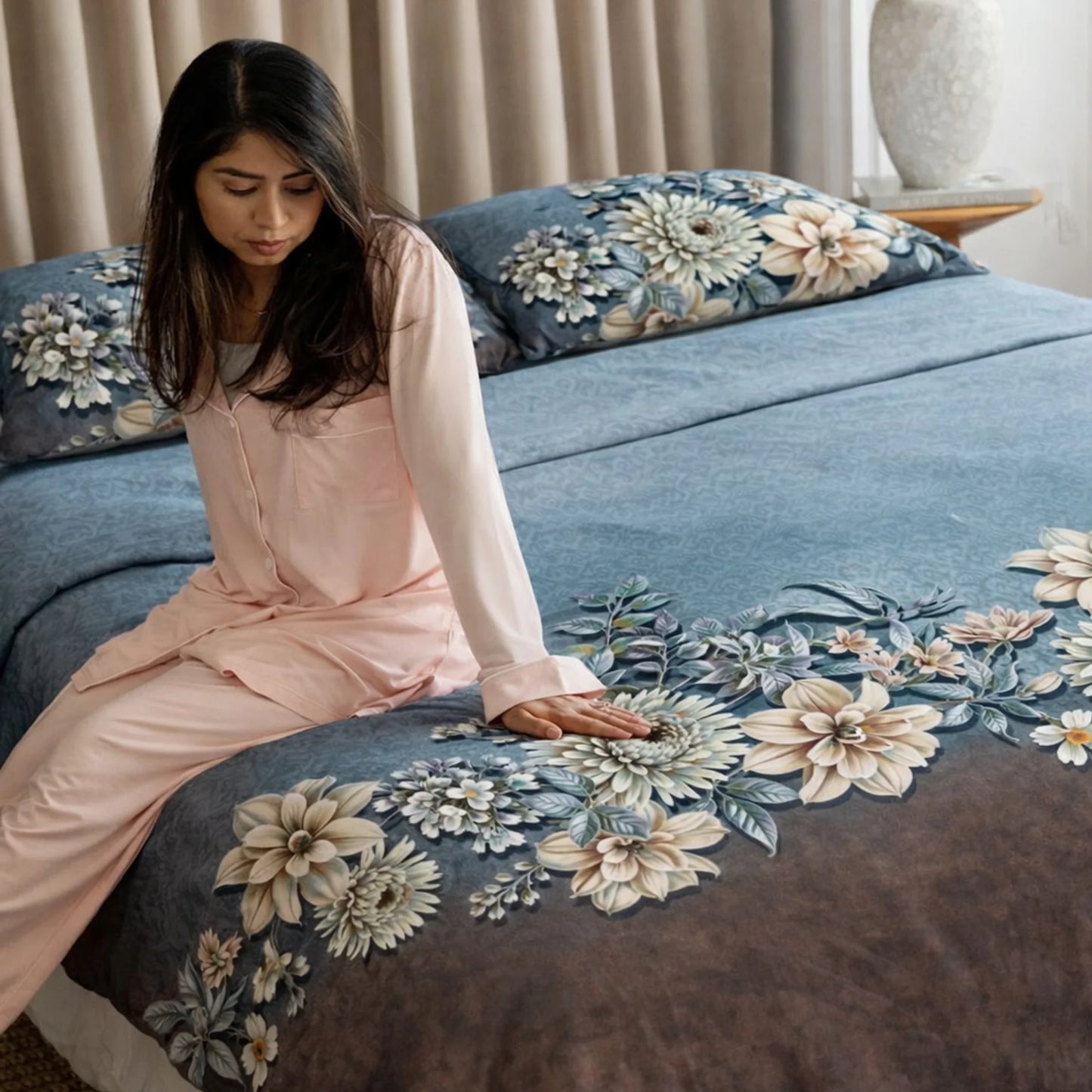 Blue Blossom Elegance 7D Flat Double Bedsheet with 2 Pillow Covers