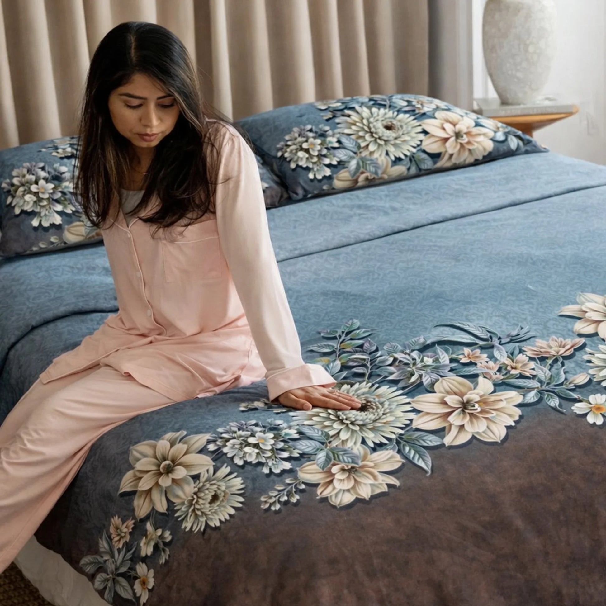 Blue Blossom Elegance 7D Flat Double Bedsheet with 2 Pillow Covers