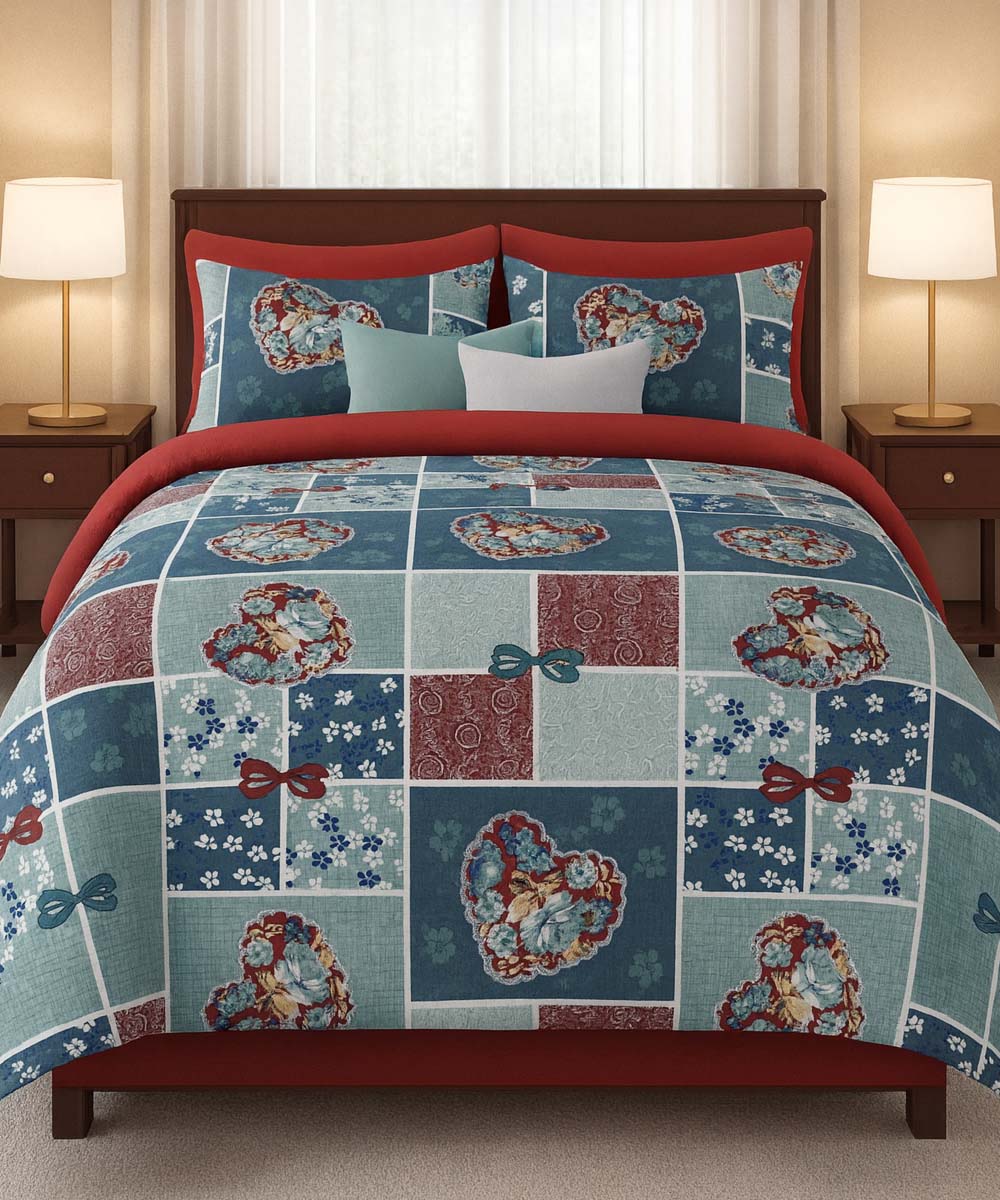 Blue Heart Serenity – 200 GSM Pure Cotton Double Bedsheet with Pillow Covers (90x100 inches)