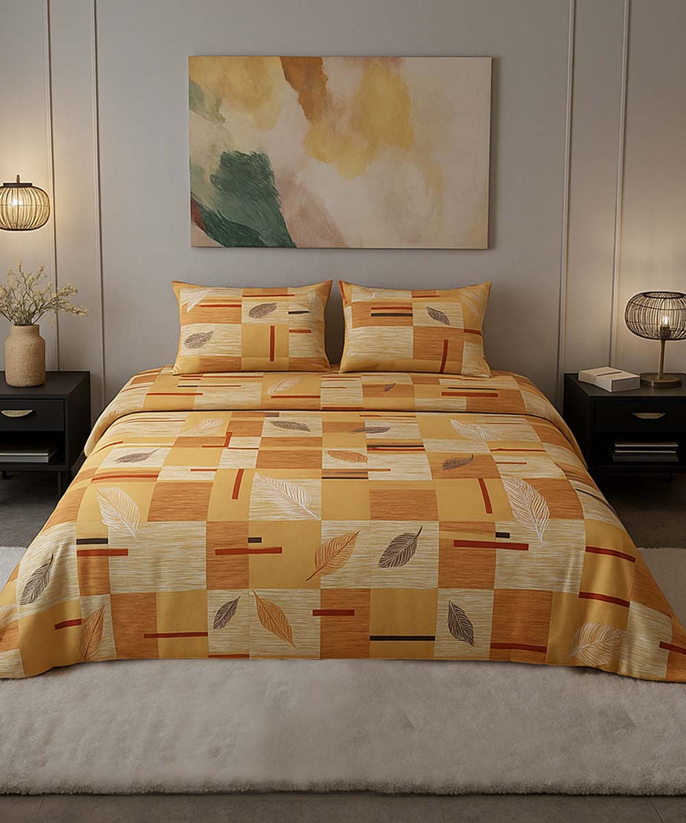 Amber Leaf Glow – 200 GSM Pure Cotton Double Bedsheet with Pillow Covers | 90x100 inches