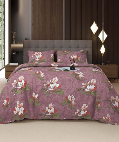 Mauve Magnolia Bliss – 200 GSM Pure Cotton Double Bedsheet with Pillow Covers | 90x100 inches