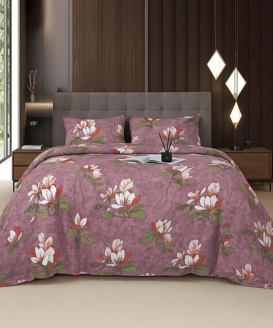 Mauve Magnolia Bliss – 200 GSM Pure Cotton Double Bedsheet with Pillow Covers | 90x100 inches