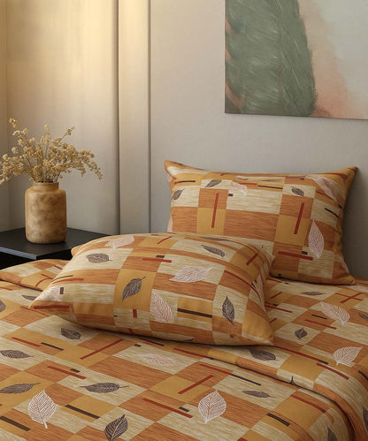Amber Leaf Glow – 200 GSM Pure Cotton Double Bedsheet with Pillow Covers | 90x100 inches