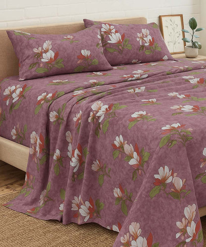 Mauve Magnolia Bliss – 200 GSM Pure Cotton Double Bedsheet with Pillow Covers | 90x100 inches