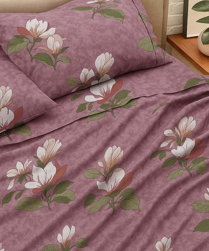 Mauve Magnolia Bliss – 200 GSM Pure Cotton Double Bedsheet with Pillow Covers | 90x100 inches