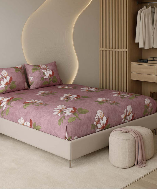 Mauve Magnolia Bliss – 200 GSM Pure Cotton Double Bedsheet with Pillow Covers | 90x100 inches