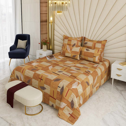 Amber Leaf Glow – 200 GSM Pure Cotton Double Bedsheet with Pillow Covers | 90x100 inches