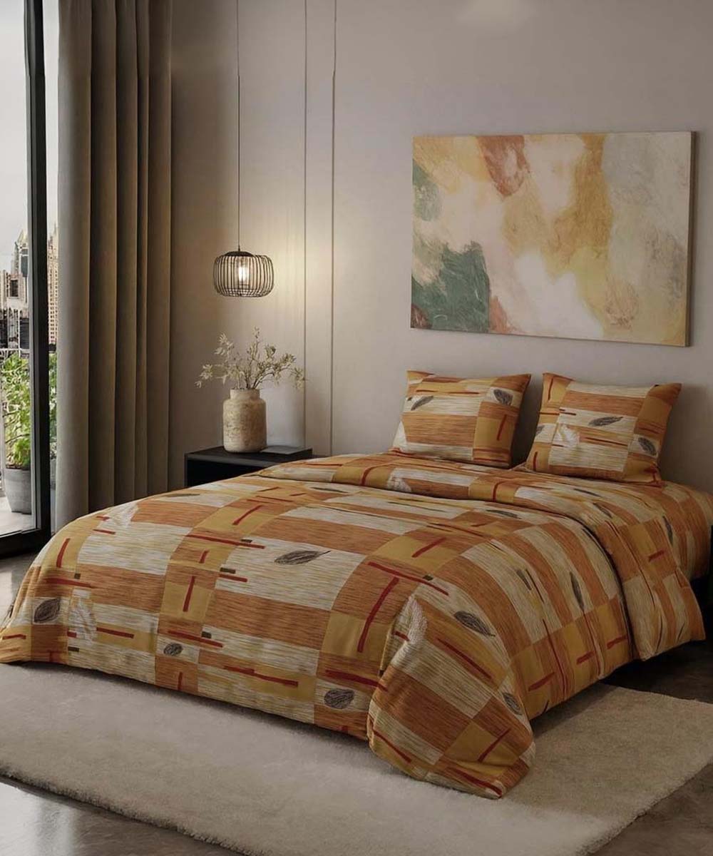 Amber Leaf Glow – 200 GSM Pure Cotton Double Bedsheet with Pillow Covers | 90x100 inches