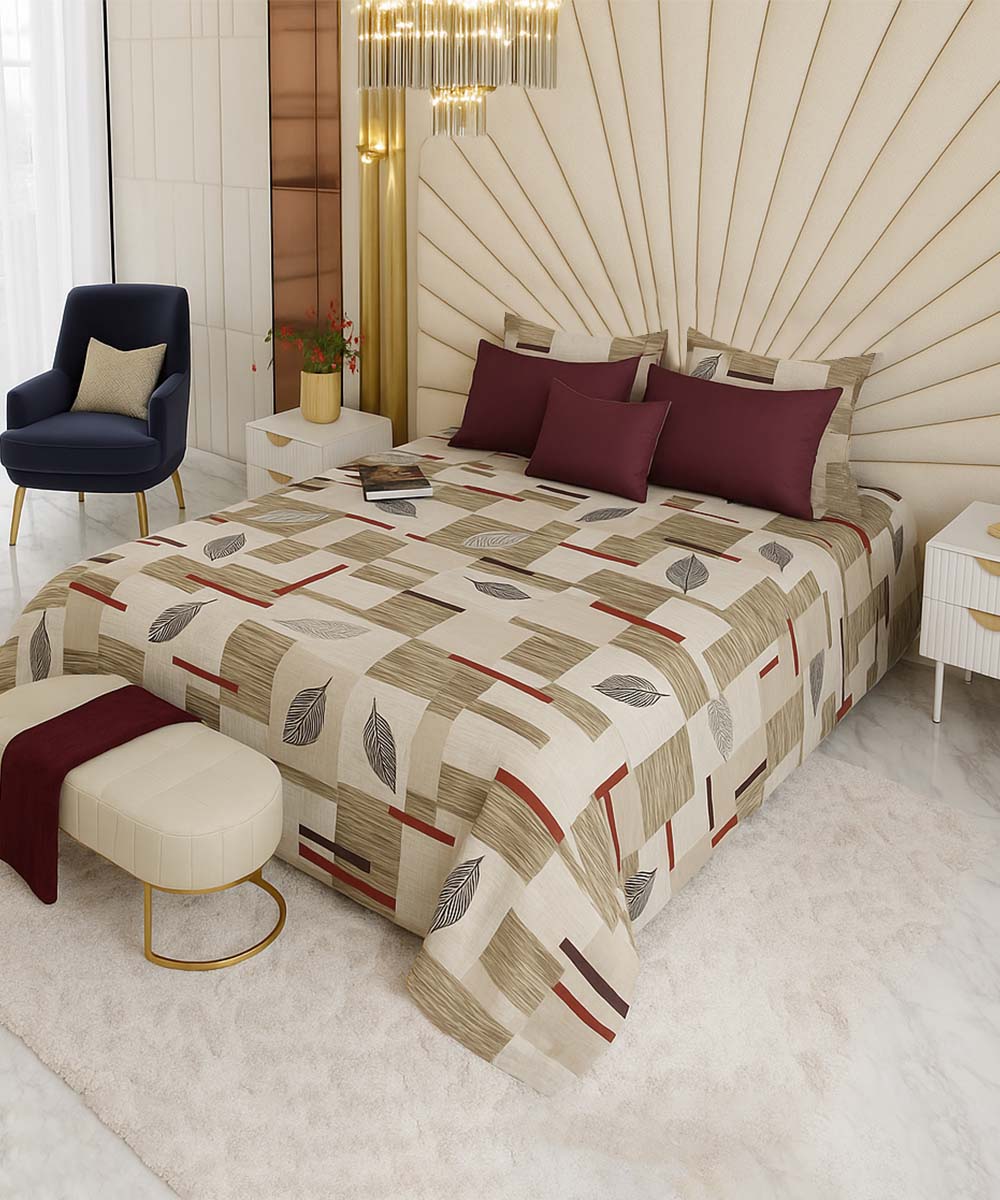 Beige Leaf Harmony – 200 GSM Pure Cotton Double Bedsheet with Pillow Covers | 90x100 inches