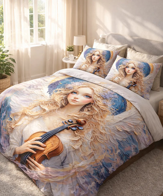 Angel Violin Art 7D Flat Double Bedsheet with 2 Pillow Covers