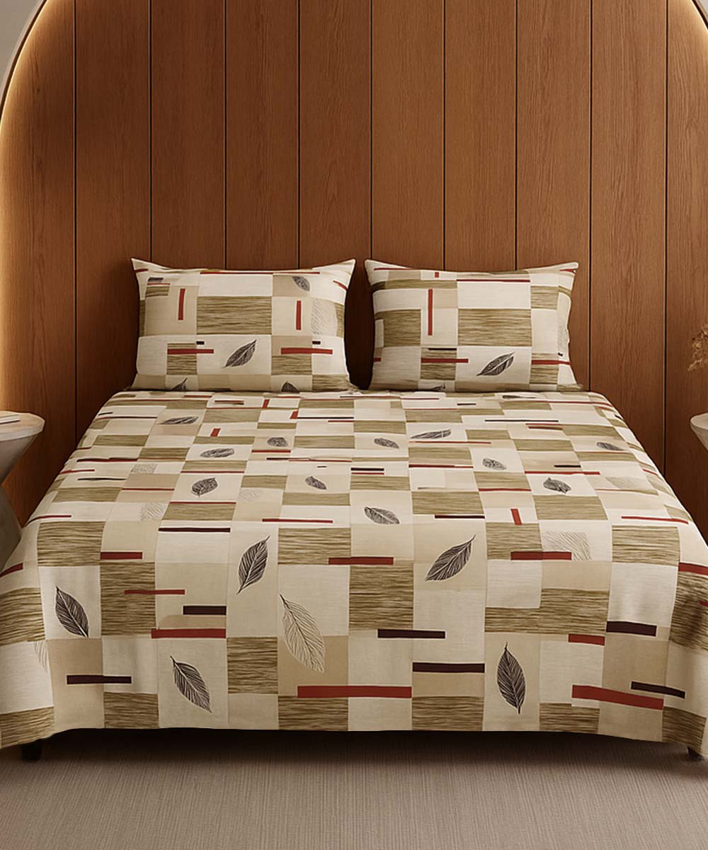 Beige Leaf Harmony – 200 GSM Pure Cotton Double Bedsheet with Pillow Covers | 90x100 inches