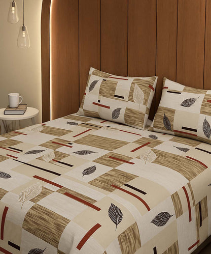 Beige Leaf Harmony – 200 GSM Pure Cotton Double Bedsheet with Pillow Covers | 90x100 inches