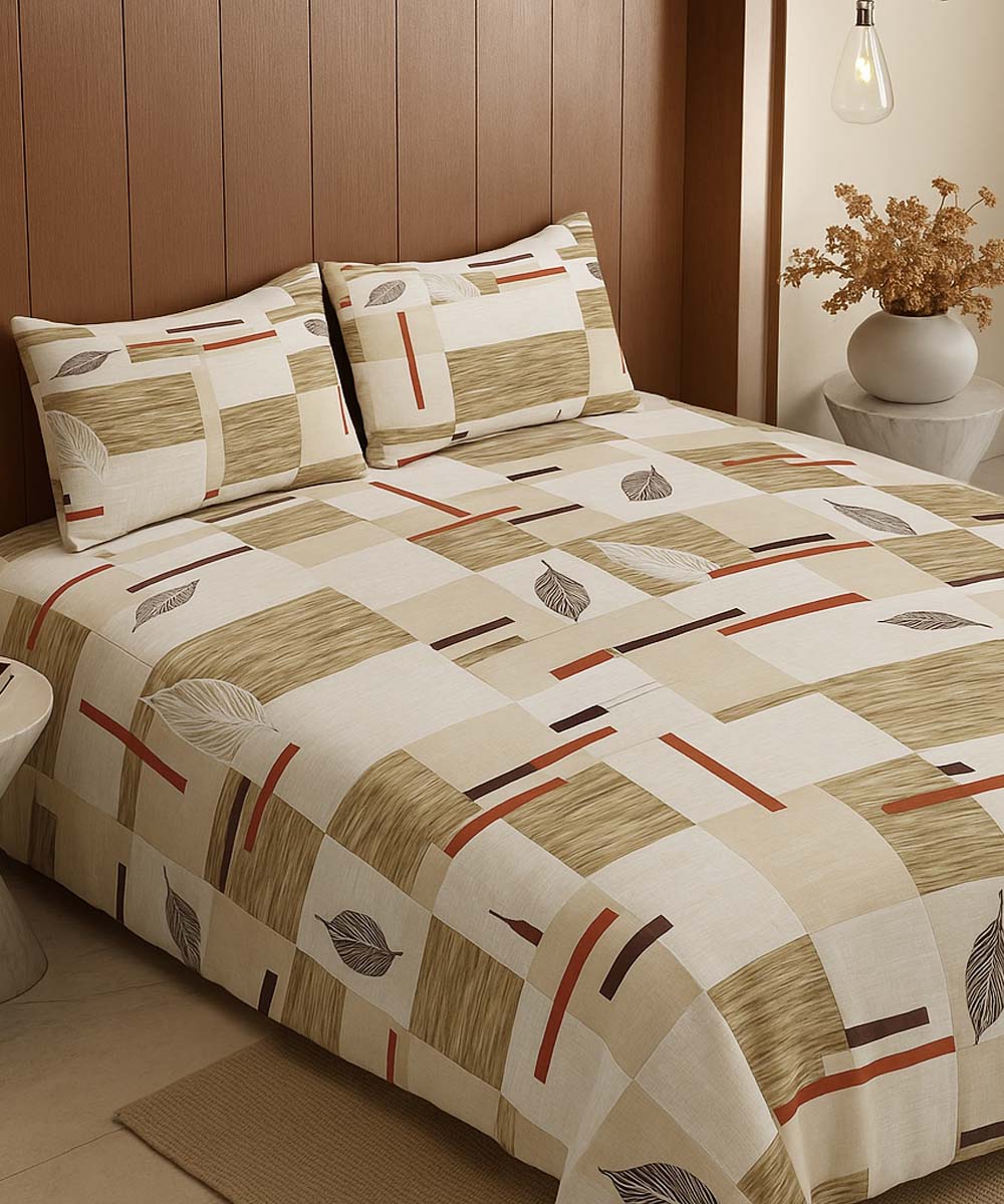 Beige Leaf Harmony – 200 GSM Pure Cotton Double Bedsheet with Pillow Covers | 90x100 inches