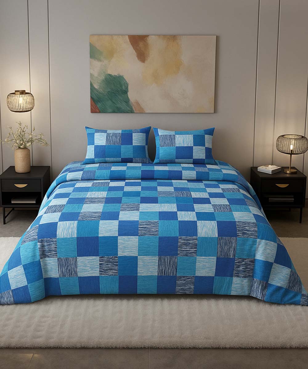 Ocean Check Bliss – 200 GSM Pure Cotton Double Bedsheet with Pillow Covers | 90x100 inches