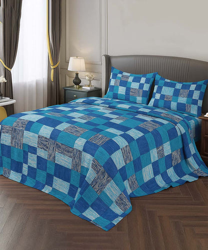 Ocean Check Bliss – 200 GSM Pure Cotton Double Bedsheet with Pillow Covers | 90x100 inches