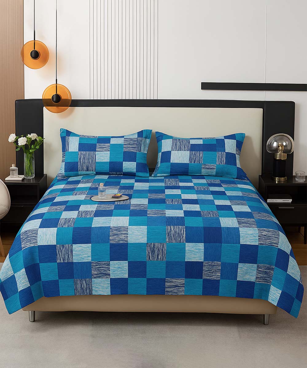 Ocean Check Bliss – 200 GSM Pure Cotton Double Bedsheet with Pillow Covers | 90x100 inches