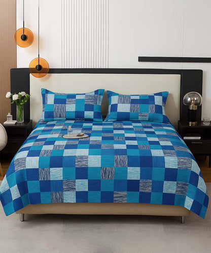 Ocean Check Bliss – 200 GSM Pure Cotton Double Bedsheet with Pillow Covers | 90x100 inches