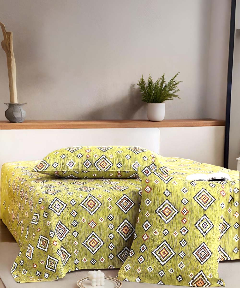 Olive Diamond Glow – 200 GSM Pure Cotton Double Bedsheet with Pillow Covers | 90x100 inches