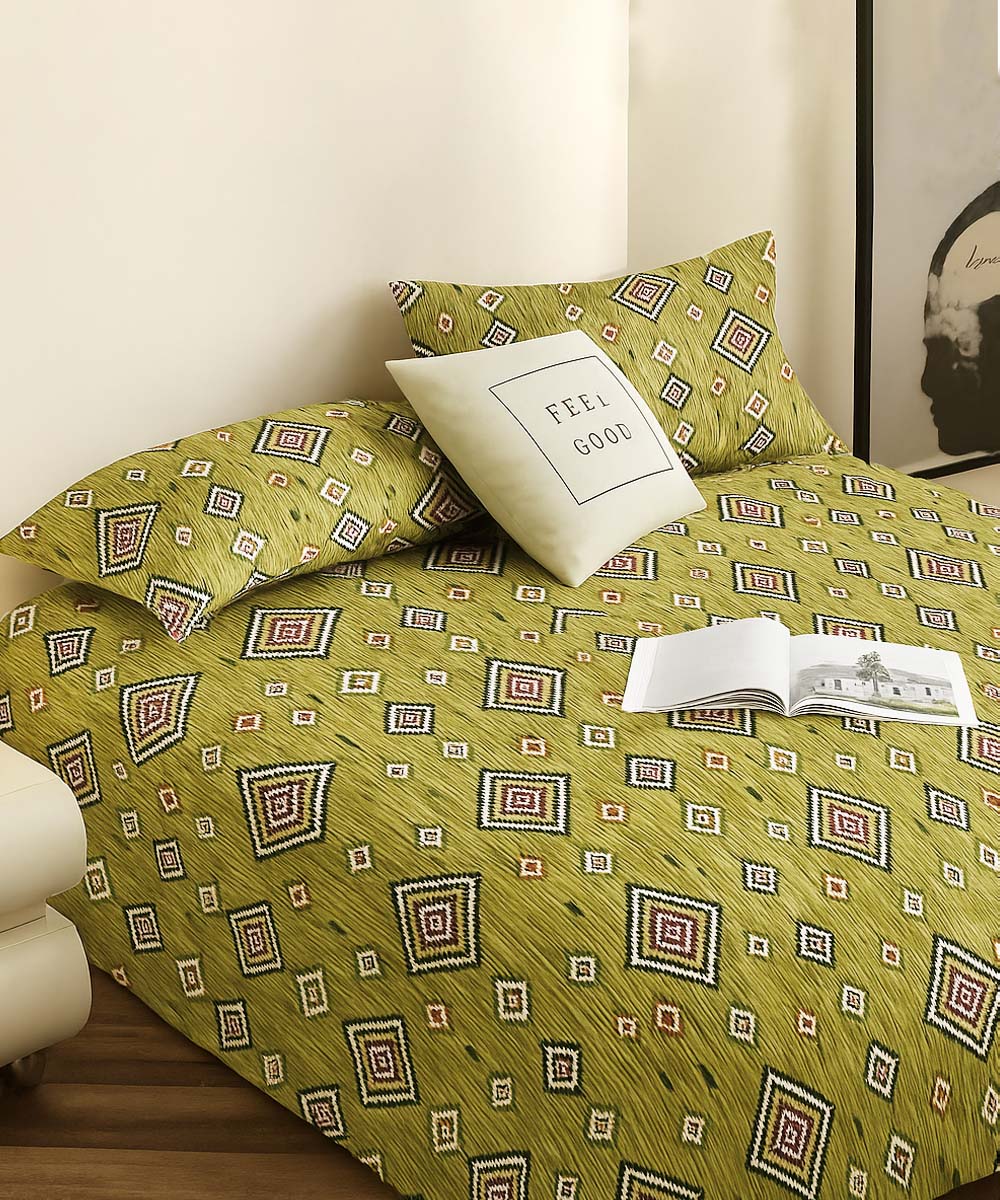 Olive Diamond Glow – 200 GSM Pure Cotton Double Bedsheet with Pillow Covers | 90x100 inches
