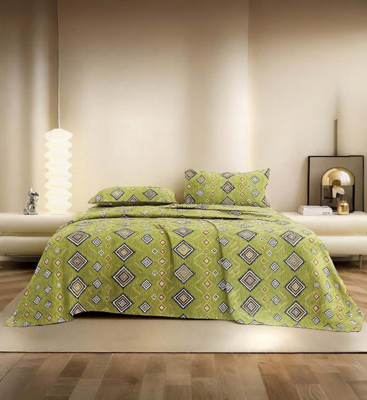 Olive Diamond Glow – 200 GSM Pure Cotton Double Bedsheet with Pillow Covers | 90x100 inches