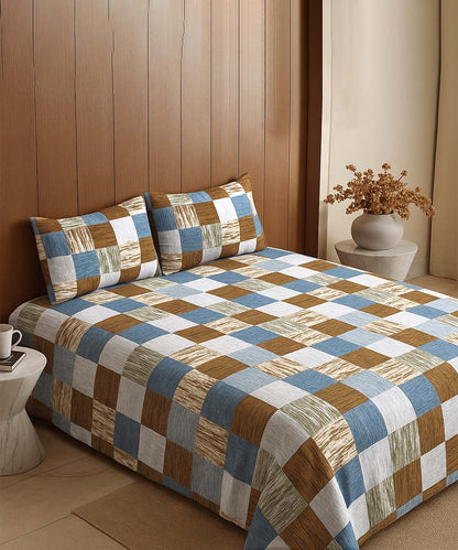 Earthy Check Harmony – 200 GSM Pure Cotton Double Bedsheet with Pillow Covers | 90x100 inches