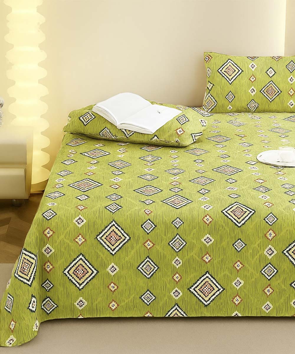 Olive Diamond Glow – 200 GSM Pure Cotton Double Bedsheet with Pillow Covers | 90x100 inches