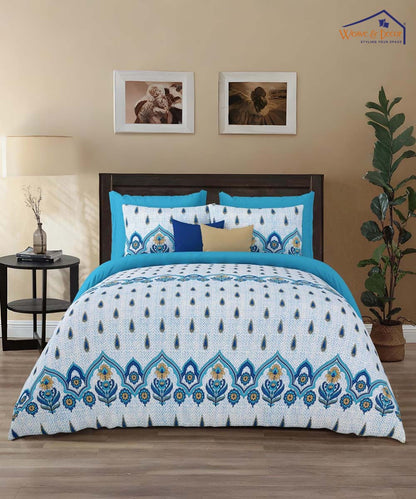 Azure Floral Harmony – 200 GSM Pure Cotton Double Bedsheet with Pillow Covers | 90x100 inches