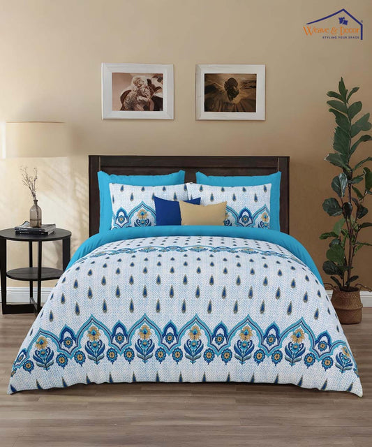 Azure Floral Harmony – 200 GSM Pure Cotton Double Bedsheet with Pillow Covers | 90x100 inches