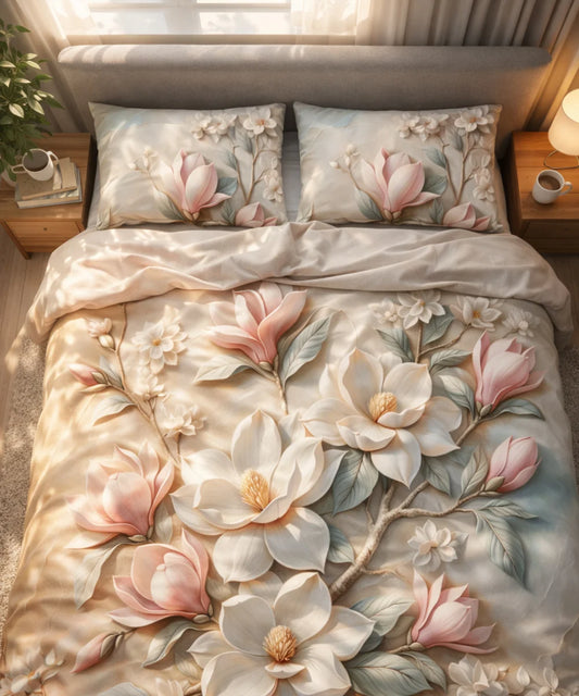 Soft Magnolia Bloom 7D Flat Double Bedsheet with 2 Pillow Covers