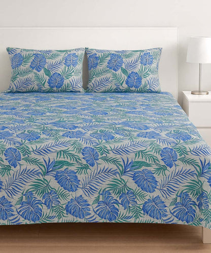 Aqua Leaf Bliss – Nature-Inspired 200 GSM Cotton Double Bedsheet With Pillow Covers |90x100 inches