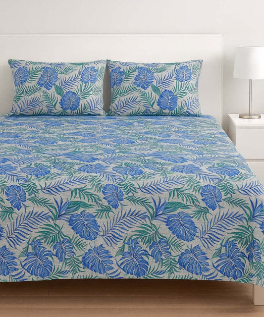Aqua Leaf Bliss – Nature-Inspired 200 GSM Cotton Double Bedsheet With Pillow Covers |90x100 inches