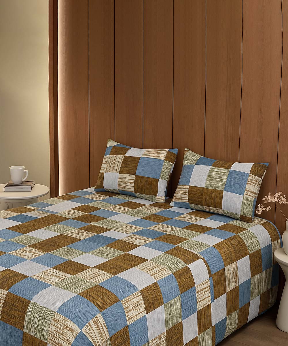 Earthy Check Harmony – 200 GSM Pure Cotton Double Bedsheet with Pillow Covers | 90x100 inches