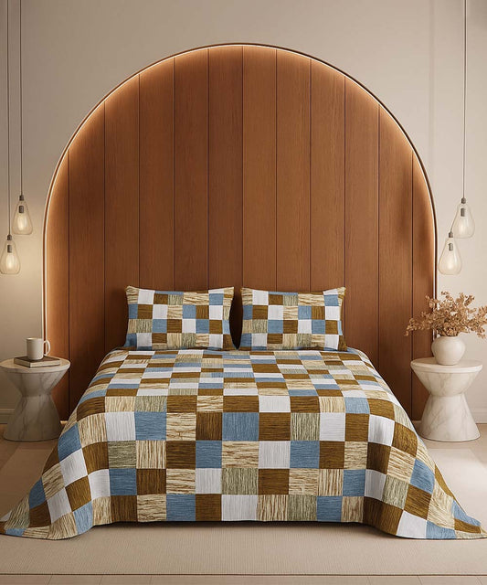 Earthy Check Harmony – 200 GSM Pure Cotton Double Bedsheet with Pillow Covers | 90x100 inches