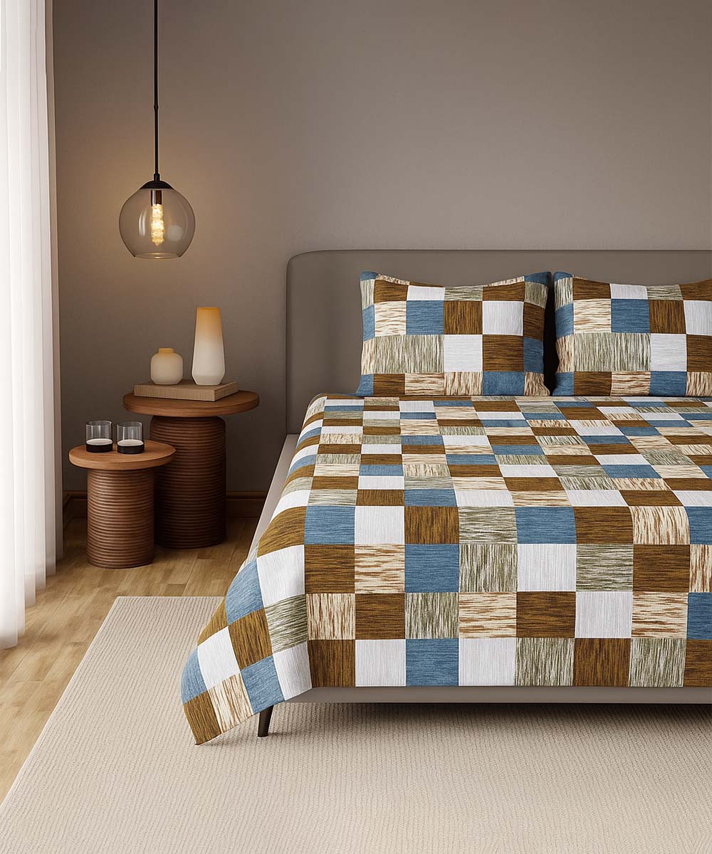Earthy Check Harmony – 200 GSM Pure Cotton Double Bedsheet with Pillow Covers | 90x100 inches