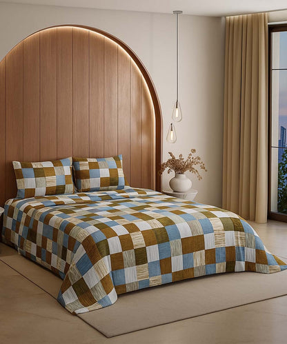 Earthy Check Harmony – 200 GSM Pure Cotton Double Bedsheet with Pillow Covers | 90x100 inches