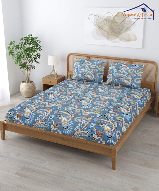 Blue Blossom Queen Fitted Bedsheet With 2 Pillow Covers