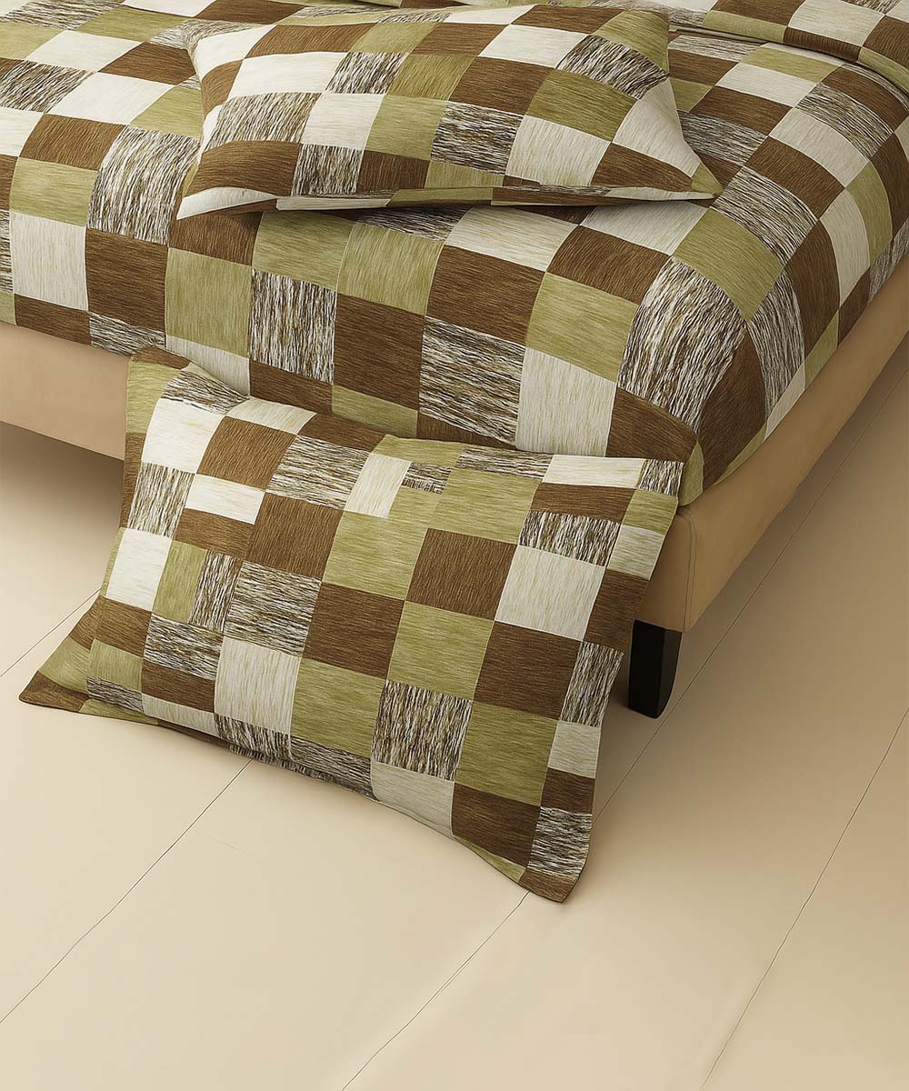 Olive Check Bliss – 200 GSM Pure Cotton Double Bedsheet with Pillow Covers | 90x100 inches