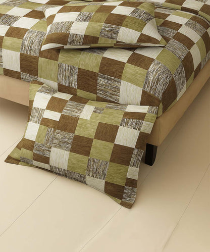 Olive Check Bliss – 200 GSM Pure Cotton Double Bedsheet with Pillow Covers | 90x100 inches