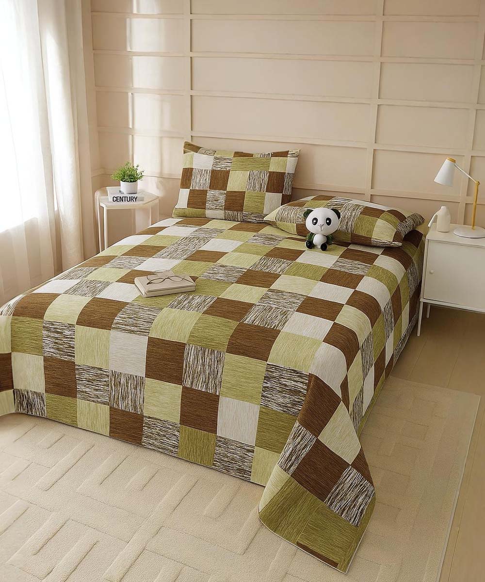 Olive Check Bliss – 200 GSM Pure Cotton Double Bedsheet with Pillow Covers | 90x100 inches