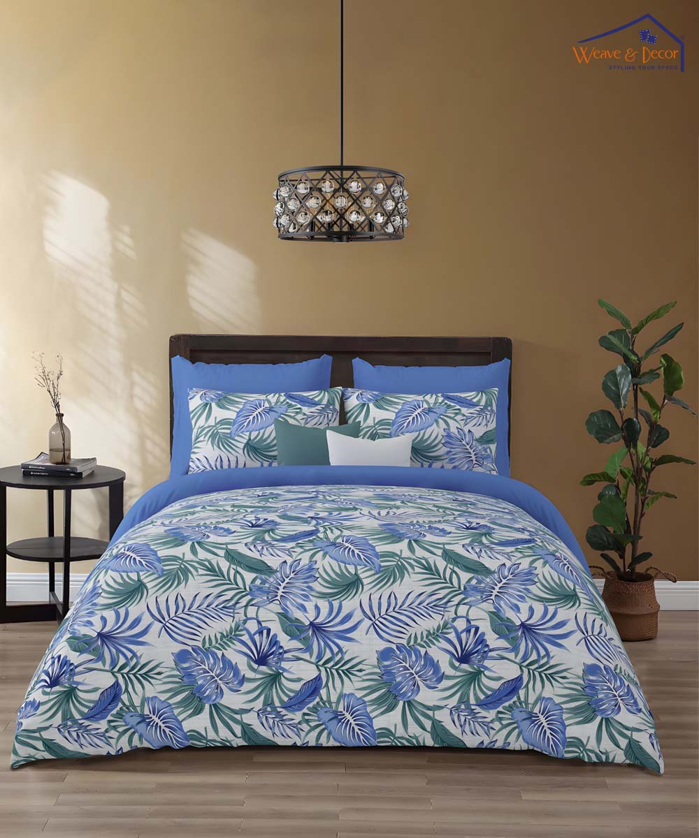 Aqua Leaf Bliss – Nature-Inspired 200 GSM Cotton Double Bedsheet With Pillow Covers |90x100 inches