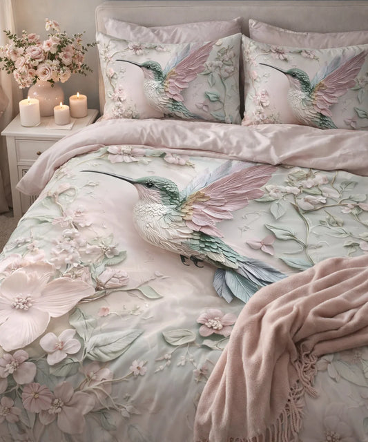 Pastel Humming Bird Floral 7D Flat Double Bedsheet with 2 Pillow Covers