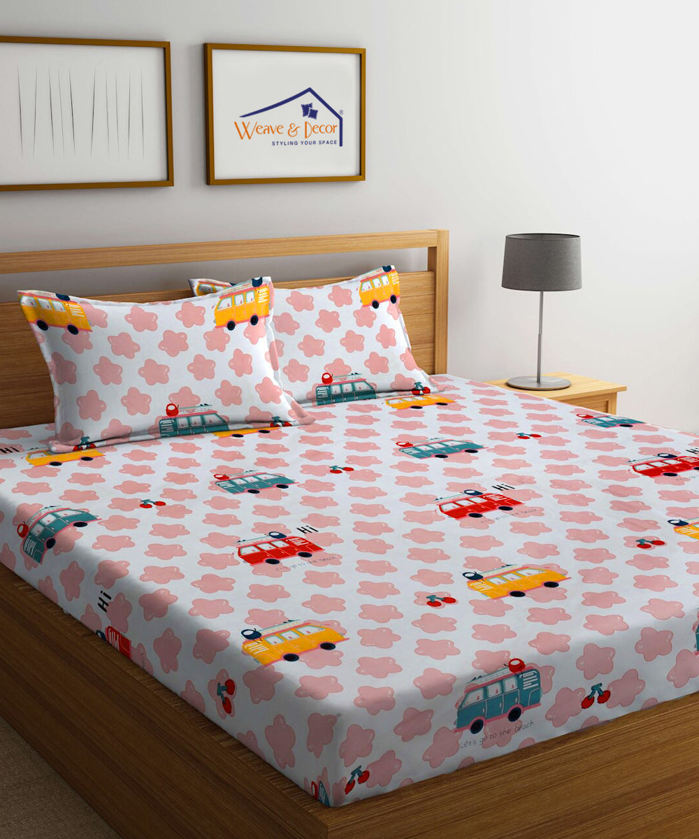 Red Bus Kids Bedsheet  With Pillow Cover