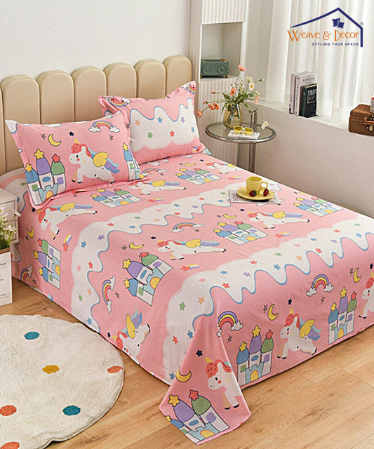 Unicorn Wonder Land Kids Bedsheet  With Pillow Cover