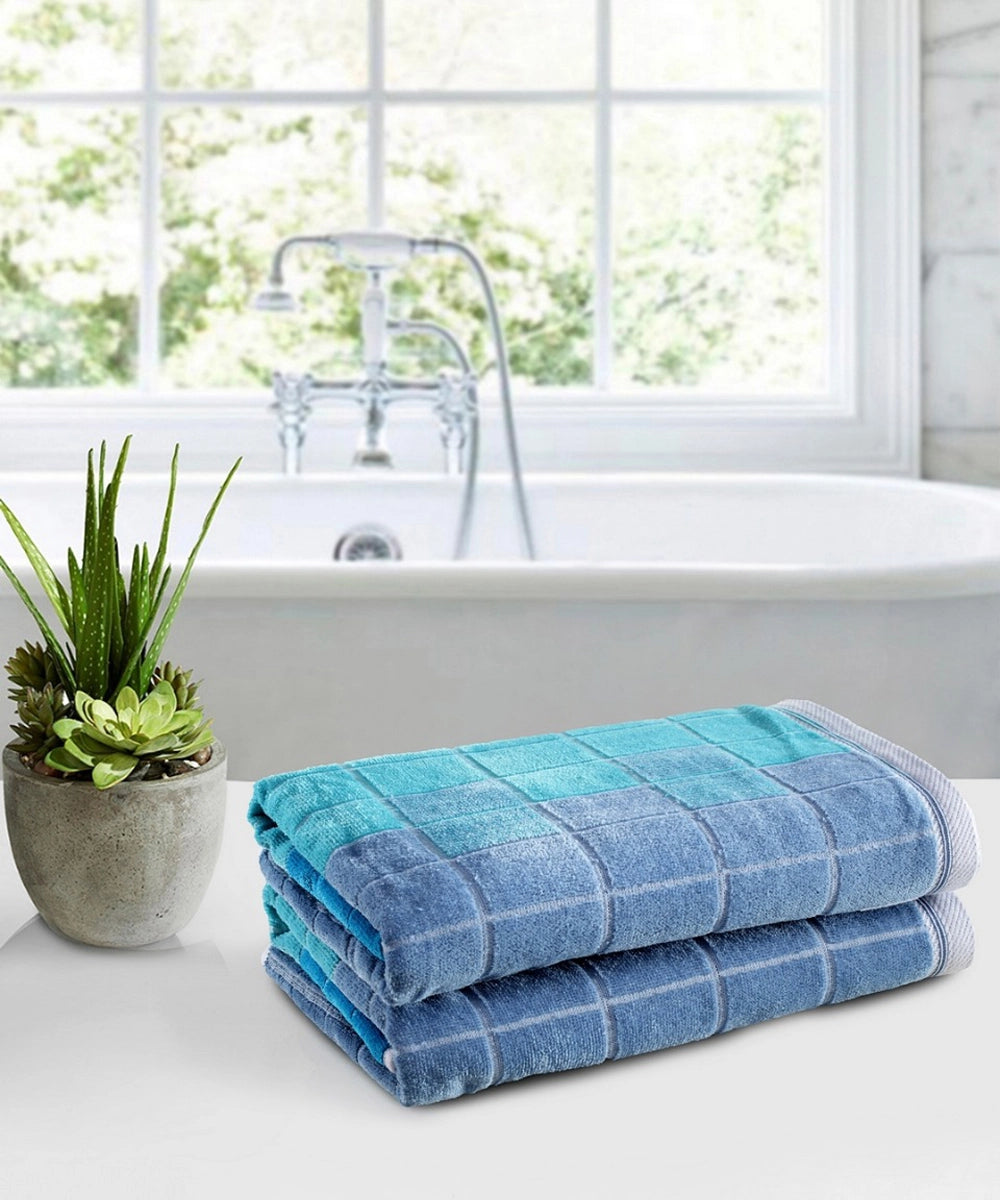 Weave & Decor Luxe Check Cotton Hand Towels Sets – Ultra Soft & Super Absorbent (Blue)