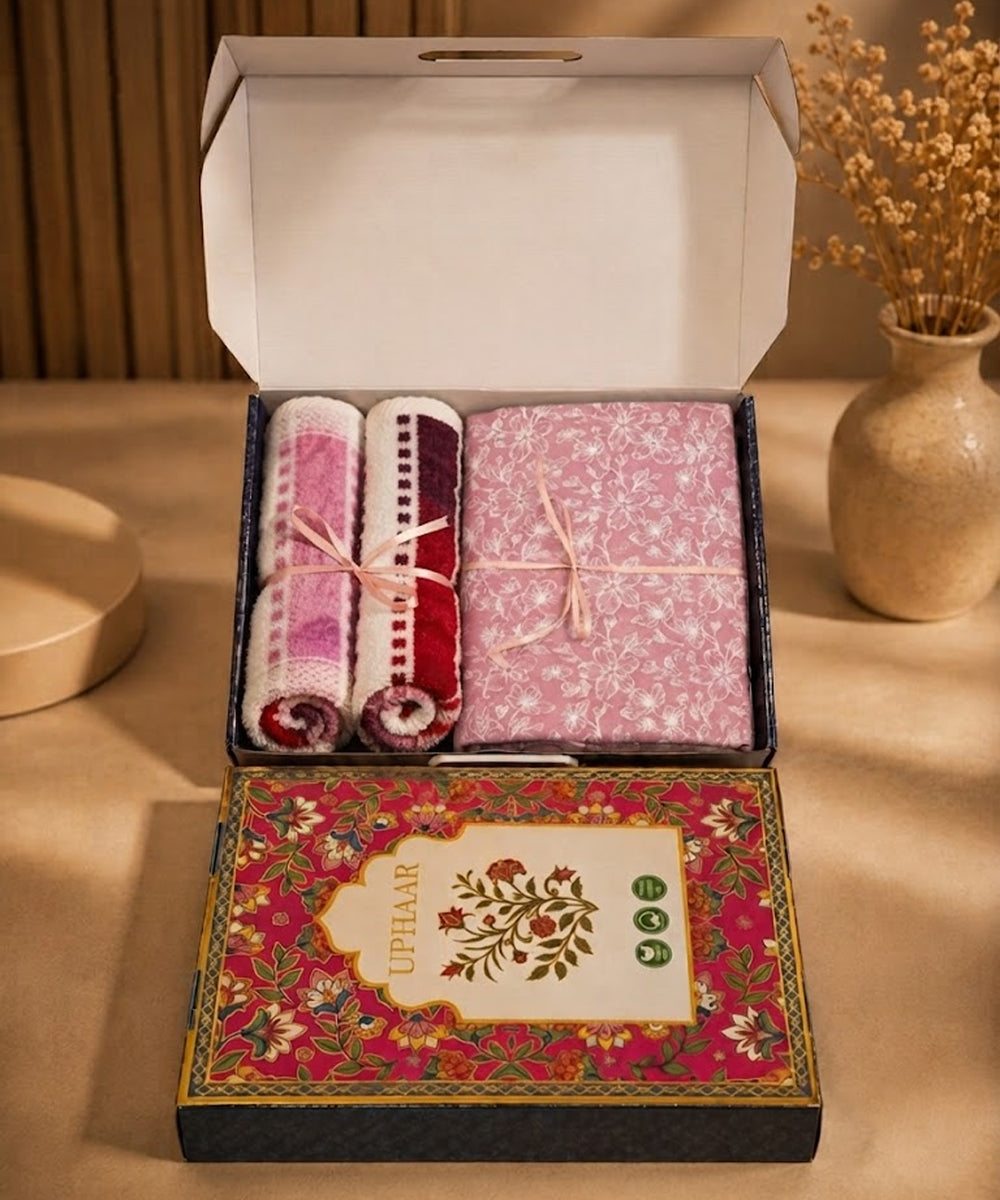 UPHAAR Pure Cotton Home Comfort Combo Set | Floral King Size Bedsheet with 2 Soft Hand Towels