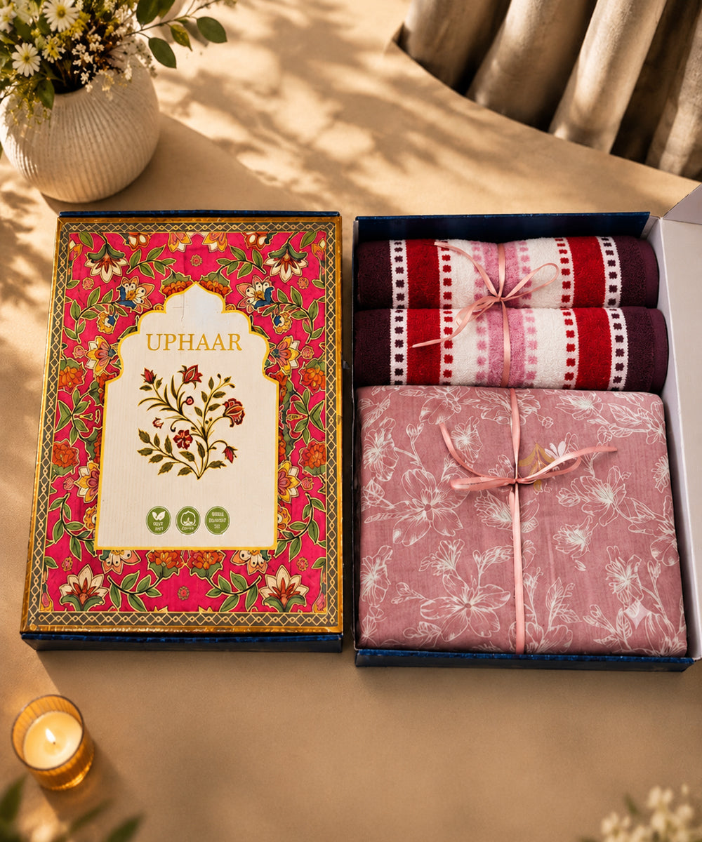 UPHAAR Pure Cotton Home Comfort Combo Set | Floral King Size Bedsheet with 2 Soft Hand Towels