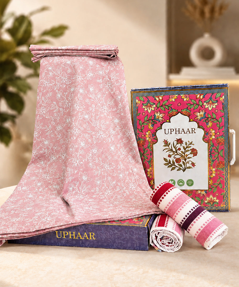 UPHAAR Pure Cotton Home Comfort Combo Set | Floral King Size Bedsheet with 2 Soft Hand Towels