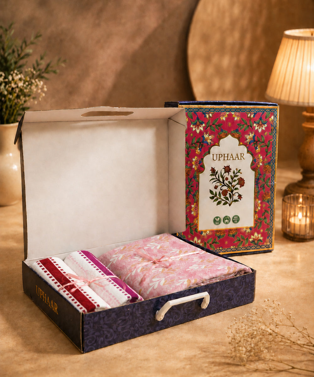 UPHAAR Pure Cotton Home Comfort Combo Set | Floral King Size Bedsheet with 2 Soft Hand Towels