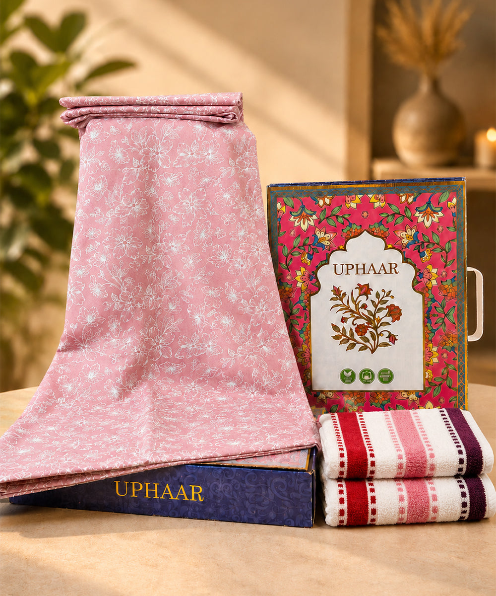 UPHAAR Pure Cotton Home Comfort Combo Set | Floral King Size Bedsheet with 2 Soft Hand Towels