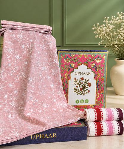 UPHAAR Pure Cotton Home Comfort Combo Set | Floral King Size Bedsheet with 2 Soft Hand Towels